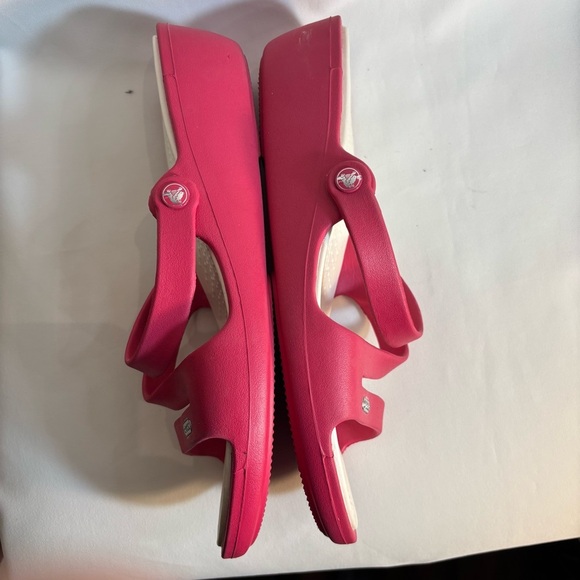 CROCS Sz 9 Straps Slip On Wedge Pink Sandals Slides - Picture 8 of 11